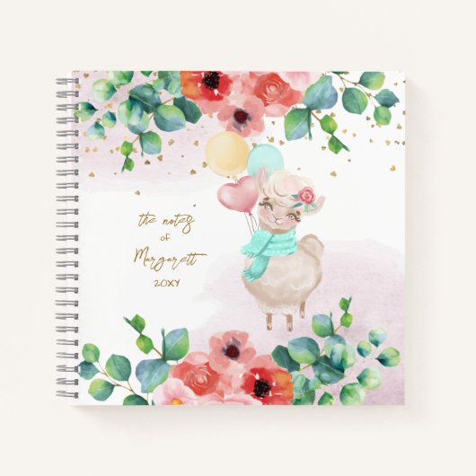 Fluffy Llama Illustration Blume Girl Daily Diary Notizblock (Vorderseite)