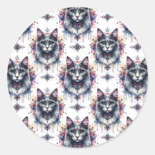 Fluffy Long Hair Gray und White Tuxedo Cat Runder Aufkleber