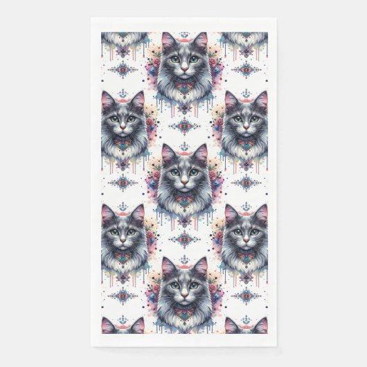 Fluffy Long Hair Gray und White Tuxedo Cat Serviette (Vorderseite)