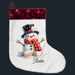 Fluffy Marshmallow Snowman Großer Weihnachtsstrumpf<br><div class="desc">Stellen Sie sich einen herrlichen Weihnachtsschneemann mit einem niedlichen, flauschigen Schneemann vor, der aus Marshmallows gefertigt wurde. Rund um seine Basis scheinen Marshmallows mit rosa Mittelpunkten zu schmelzen. Er hat einen Tophut und einen Polka-gepunkteten Schal. Der Strumpf ist mit einem Rand vollendet, der glitzernden Glitzer in einem kräftigen Rot nachahmt...</div>