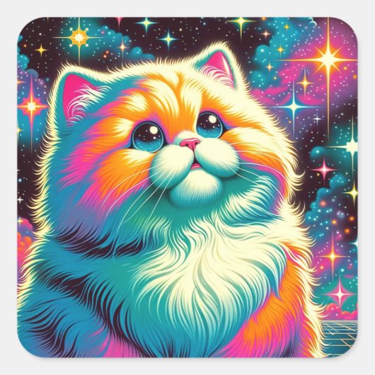 Fluffy Orange Pink Cat im Weltraum Quadratischer Aufkleber (Vorderseite)
