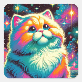 Fluffy Orange Pink Cat im Weltraum Quadratischer Aufkleber