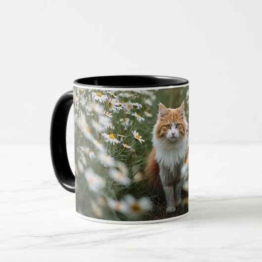 Fluffy Orange & White Cat in Daisy Field Coffee Mu Tasse (Vorderseite Links)