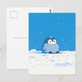 Fluffy Penguin Chick in Snowy Winter Landscape Postkarte (Vorne/Hinten)