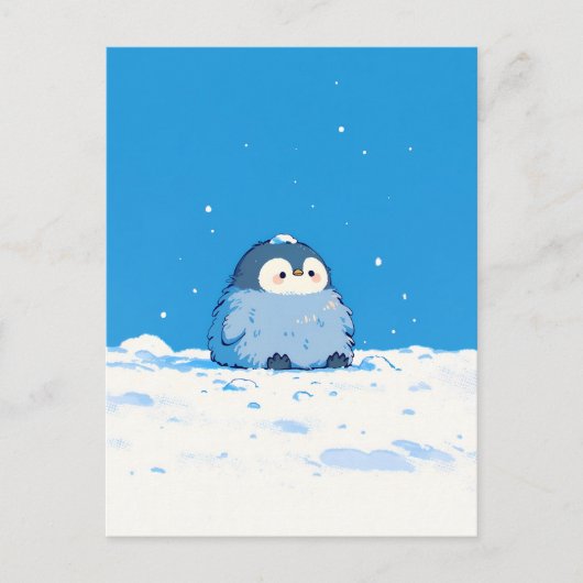 Fluffy Penguin Chick in Snowy Winter Landscape Postkarte (Vorderseite)