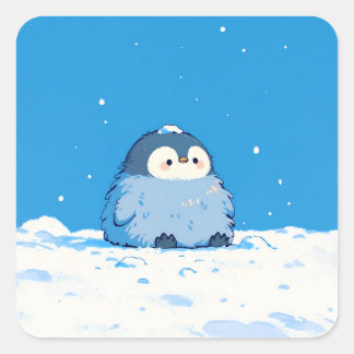 Fluffy Penguin Sitting in Winter Snow Quadratischer Aufkleber