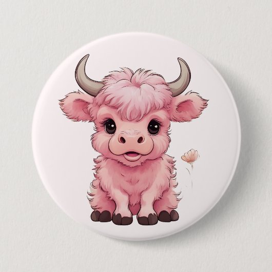 Fluffy Pink Highlands Scottish Cow Button (Vorderseite)
