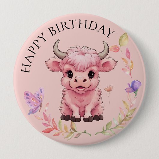 Fluffy Pink Highlands Scottish Cow Button (Vorderseite)