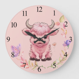 Fluffy Pink Highlands Scottish Cow Große Wanduhr