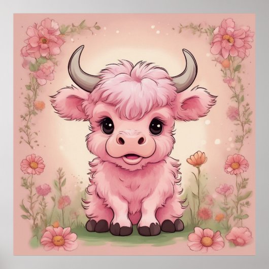 Fluffy Pink Highlands Scottish Cow Poster (Vorne)