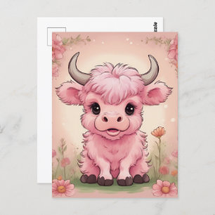Fluffy Pink Highlands Scottish Cow Postkarte