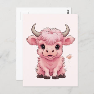 Fluffy Pink Highlands Scottish Cow Postkarte