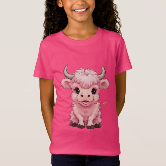 Fluffy Pink Highlands Scottish Cow T-Shirt (Vorderseite)