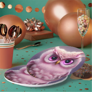 Fluffy Pink Owl mit Herz Pappteller