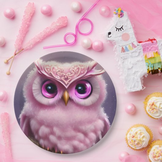 Fluffy Pink Owl mit Herz Pappteller (Party)