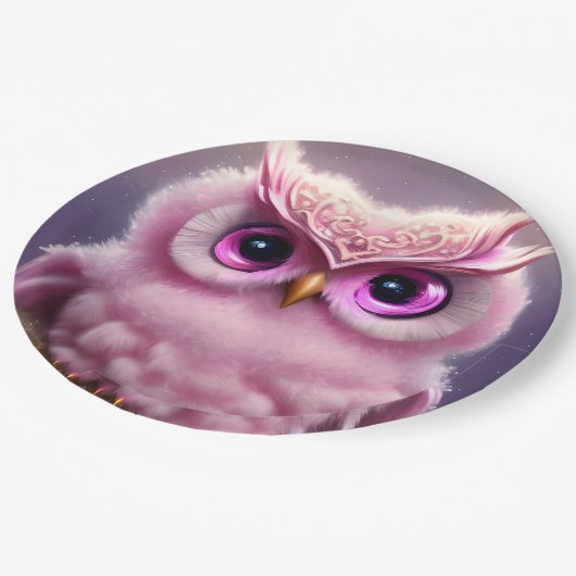 Fluffy Pink Owl mit Herz Pappteller (Schrägansicht)