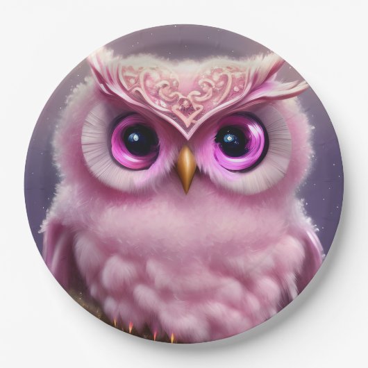Fluffy Pink Owl mit Herz Pappteller (Vorderseite)