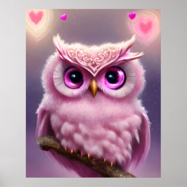 Fluffy Pink Owl mit Herz Poster