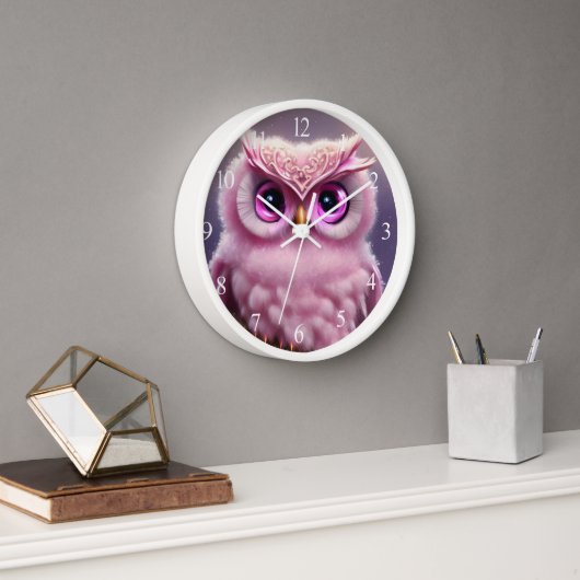 Fluffy Pink Owl mit Herz Uhr (Büro)