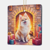 Fluffy Pomeranian Cozy Christmas Fireplace Dog Art Keramikornament (Links)