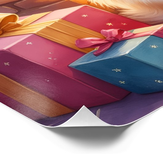 Fluffy Pomeranian Cozy Christmas Fireplace Dog Art Poster (Ecke)