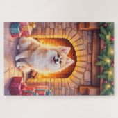 Fluffy Pomeranian Cozy Christmas Fireplace Dog Art Puzzle (Horizontal)