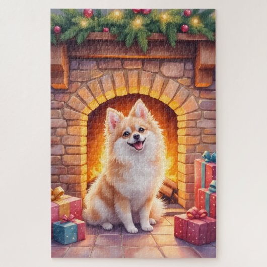 Fluffy Pomeranian Cozy Christmas Fireplace Dog Art Puzzle (Vertikal)