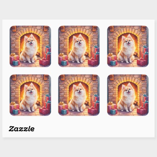 Fluffy Pomeranian Cozy Christmas Fireplace Dog Art Quadratischer Aufkleber (Blatt)