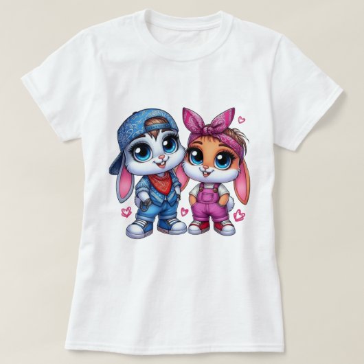 👕🐰Fluffy & Puffy Kaninchen Damen Basic  T-Shirt (Design vorne)