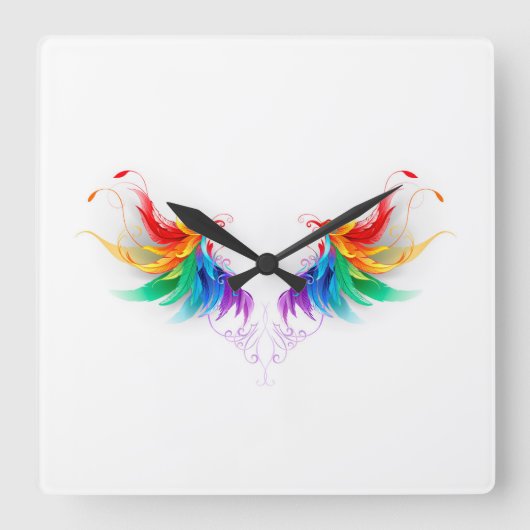 Fluffy Rainbow Wings Quadratische Wanduhr (Vorderseite)