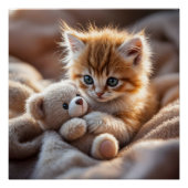Fluffy red kitten playing with a tiny teddy bear, poster (Vorderseite)