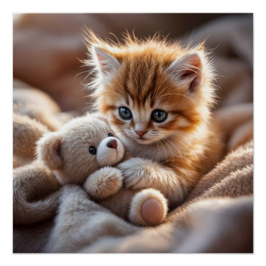 Fluffy red kitten playing with a tiny teddy bear,  poster (Vorderseite)