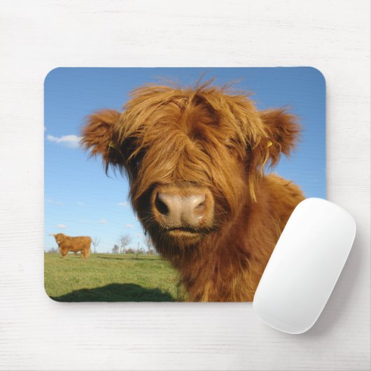 Fluffy Scottish Highland Cow - Blue Sky Mousepad (Mit Mouse)