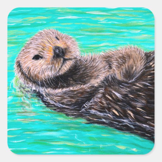 Fluffy Sea Otter Painting Quadratischer Aufkleber (Vorderseite)