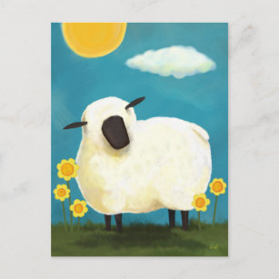 Fluffy Sheep and Yellow Flowers Postcard Postkarte