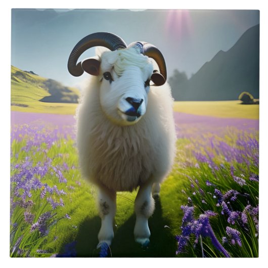 Fluffy Sheep Feld von violetten Blumen Fliese (Vorderseite)