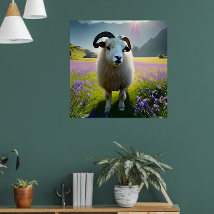 Fluffy Sheep Feld von violetten Blumen Poster