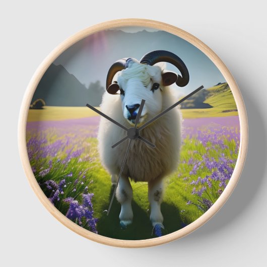 Fluffy Sheep Feld von violetten Blumen Uhr (Vorderseite)