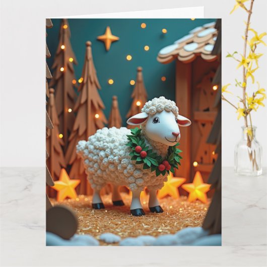 Fluffy Sheep mit Wreath in Snowy Christmas Scene Karte (Gelbe Blume)