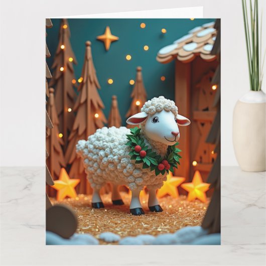 Fluffy Sheep mit Wreath in Snowy Christmas Scene Karte (Vorderseite)