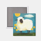 Fluffy Sheep & Yellow Flowers Magnet (Vorderseite/Rückseite)