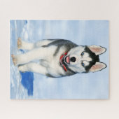 Fluffy Siberian Husky Welpe im Schnee Puzzle (Horizontal)