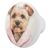 Fluffy Terrier in Pink Robe Watercolor Keramikknauf (Rechts)