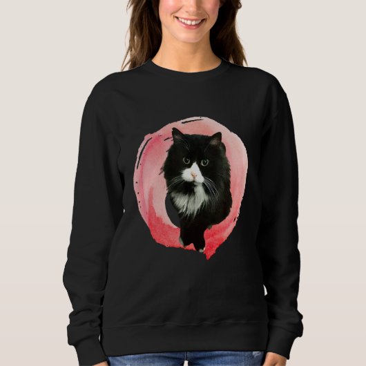 Fluffy Tuxedo Katze in rosa Fluff Sweatshirt (Vorderseite)