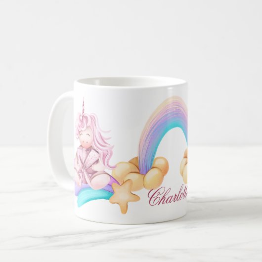 Fluffy unicorn magischer Regenbogen personalisiert Kaffeetasse (Vorderseite Links)