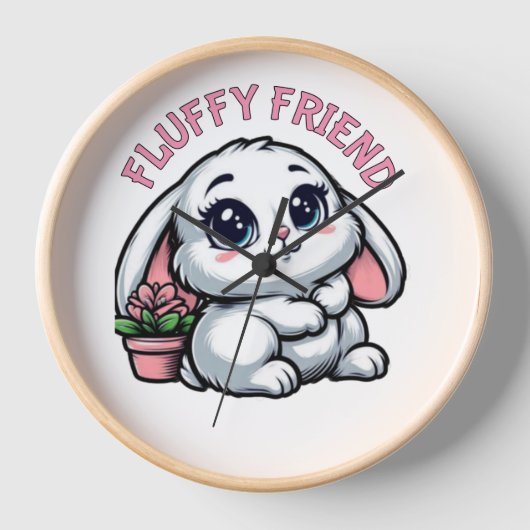 Fluffy White Bunny mit Pflanze Pot Uhr (Vorderseite)