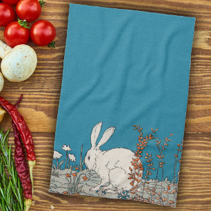Fluffy White Bunny Sitzen in Blume auf Dunkelblau Geschirrtuch