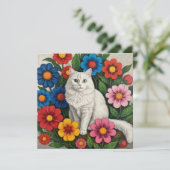 Fluffy White Cat and Folk Art Blume (Stehend Vorderseite)
