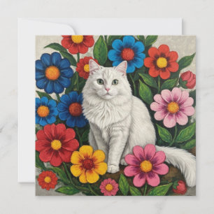 Fluffy White Cat and Folk Art Blume