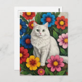 Fluffy White Cat and Folk Art Blume Postkarte (Vorne/Hinten)